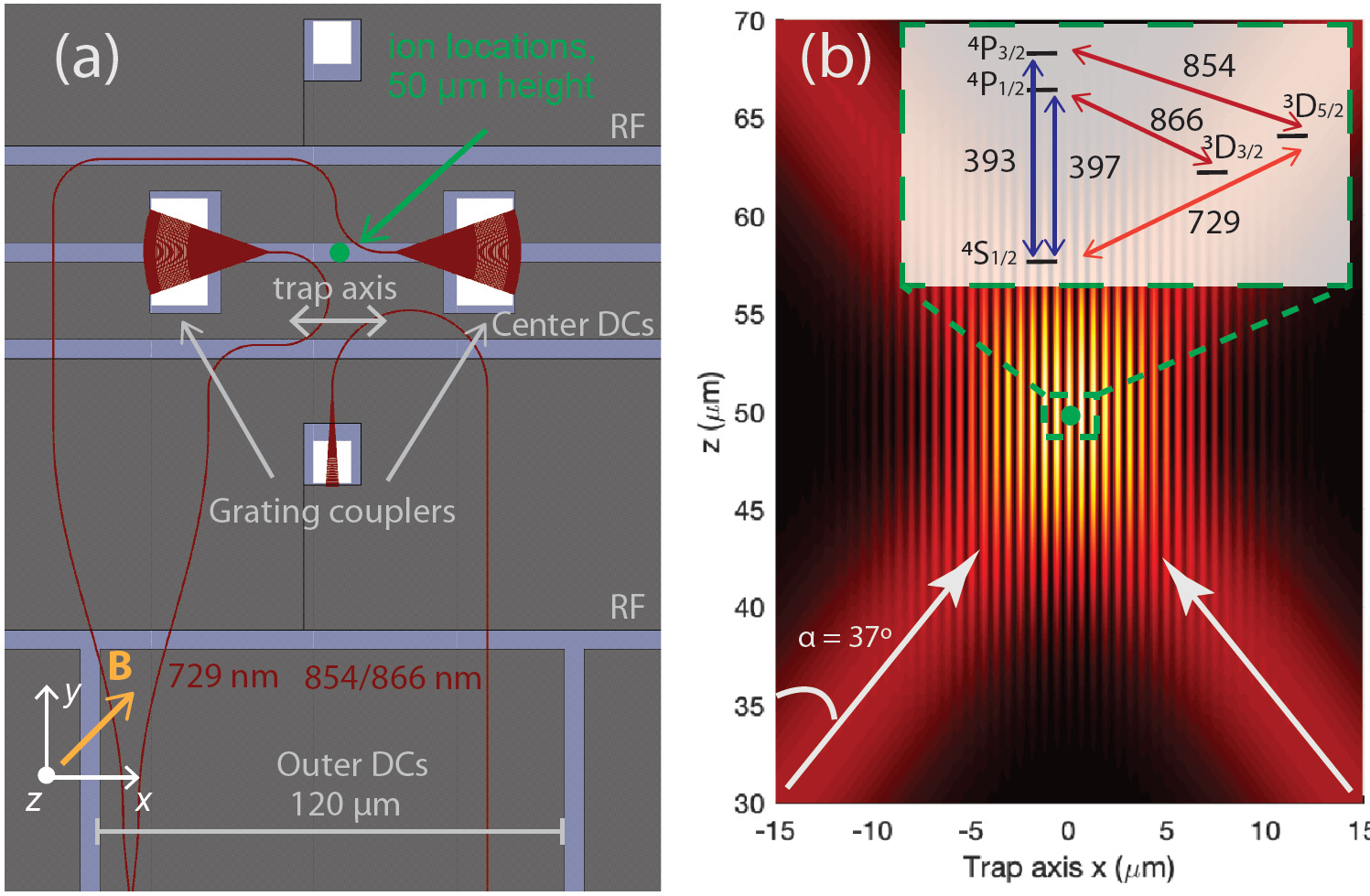 Schematic of the experimental setup using a structured light trap. Left: Layout of the trap electrodes and photonic structures. Right: Schematic of the intensity profile of the light field.